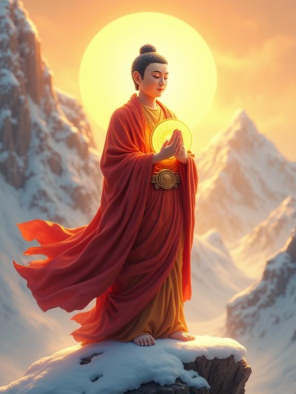 Buddha standing on a snowy mountain holding a golden wheel. Robes are crimson-gold. Wheel emits light. He appears serene and compassionate. Soft background with peaks and sunlight.