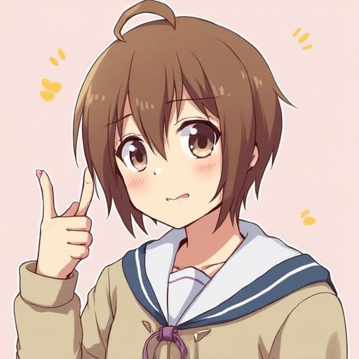 Anime character with short brown hair giving a thumbs up. The character has a light pink background and is dressed in a sailor-style outfit.