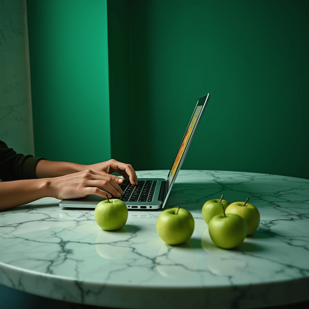 A person works on a laptop at a marble table adorned with green apples.