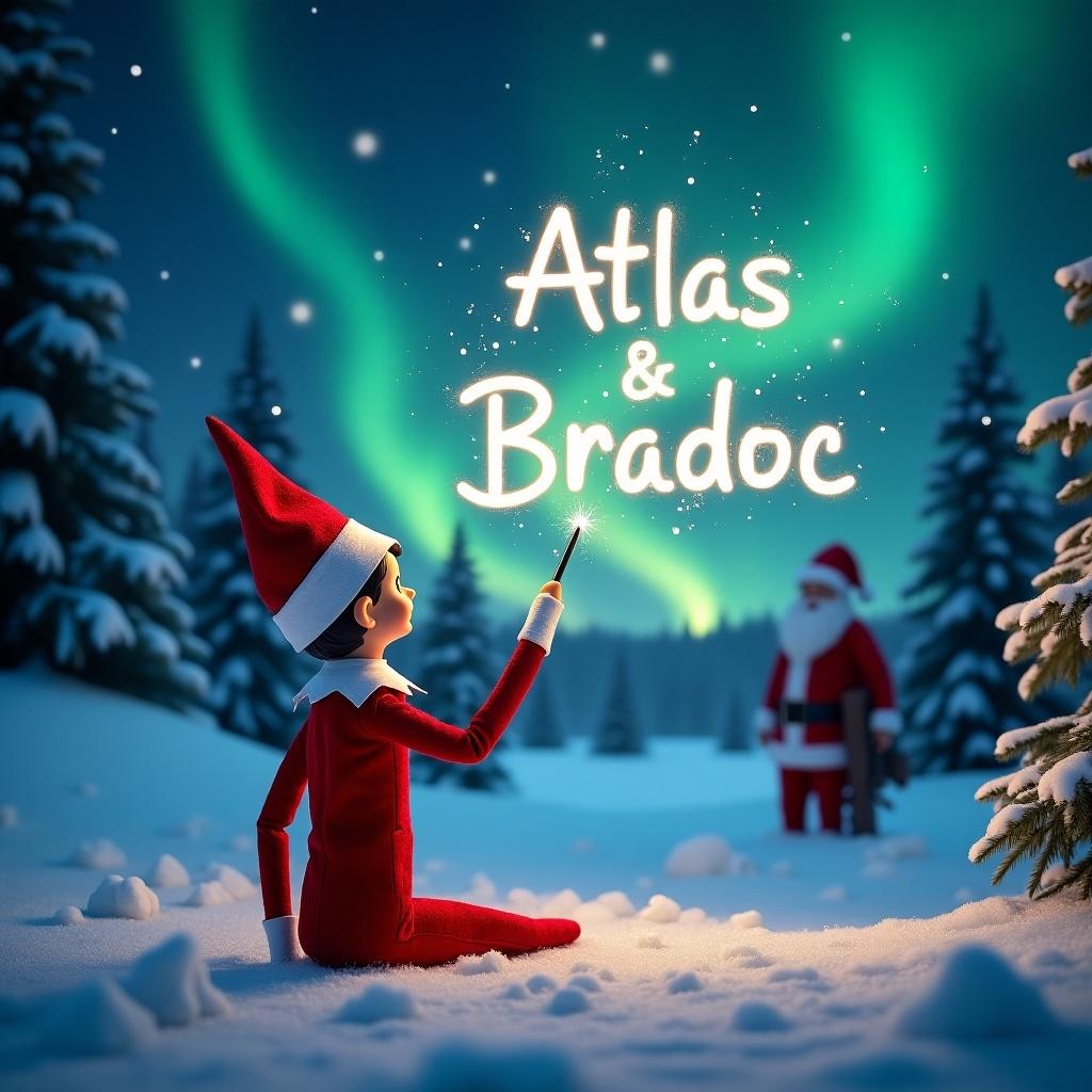 The image features an Elf on the Shelf positioned with its back to the viewer, facing a beautifully illuminated night sky. The elf is enchanting the scene with a magic wand, elegantly crafting the names 'Atlas' and 'Bradoc' into the air. The backdrop is a stunning winter landscape adorned with shimmering snow and evergreen trees, all under the mesmerizing glow of the northern lights. In the distance, Santa Claus can be seen, adding a touch of festive charm to the Christmas setting. This magical moment captures the essence of holiday joy and wonder, representing a cherished holiday tradition.