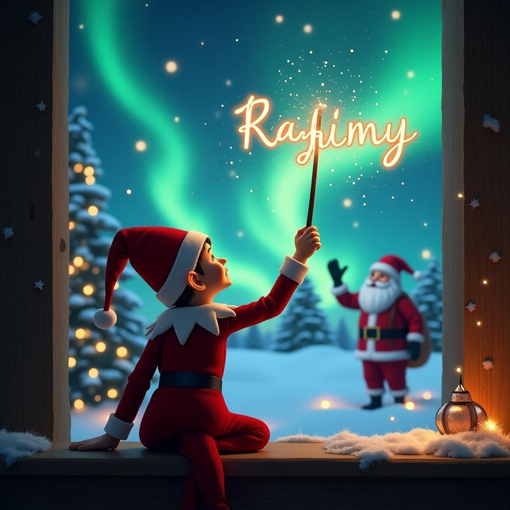 A whimsical illustration captures a Christmas scene featuring an elf on the shelf with his back turned towards the viewer. He is gazing skyward, using a sparkling wand to write the names 'Rufio' and 'Hemy' in the air. The enchanting background showcases vibrant northern lights and Santa Claus in the distance. The scene is filled with festive elements like snow-covered trees and a warm glow from the lantern beside the elf. It's a magical and heartwarming portrayal of holiday spirit and wonder.