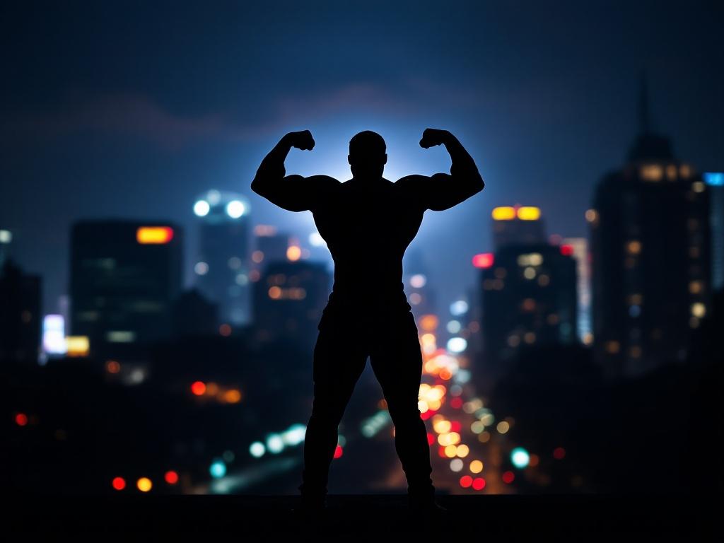 Silhouette photography showing a muscular man flexing his muscles against a vibrant cityscape at night. Bright city lights illuminate the background. The man is fully silhouetted with highlighted contours due to backlighting.