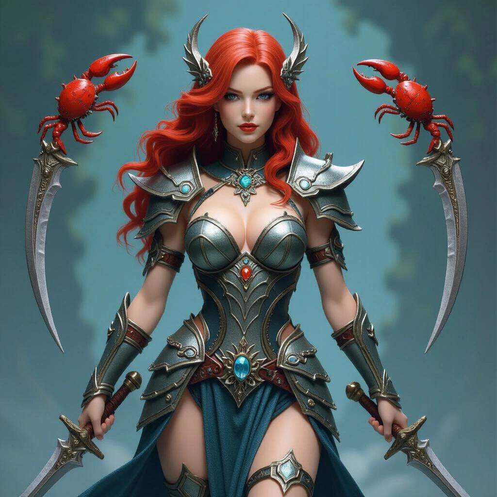 Ultra-detailed resin figure of a sensual warrior inspired by the Cancer sign. Red-haired woman, celestial armor, two crab-shaped daggers.