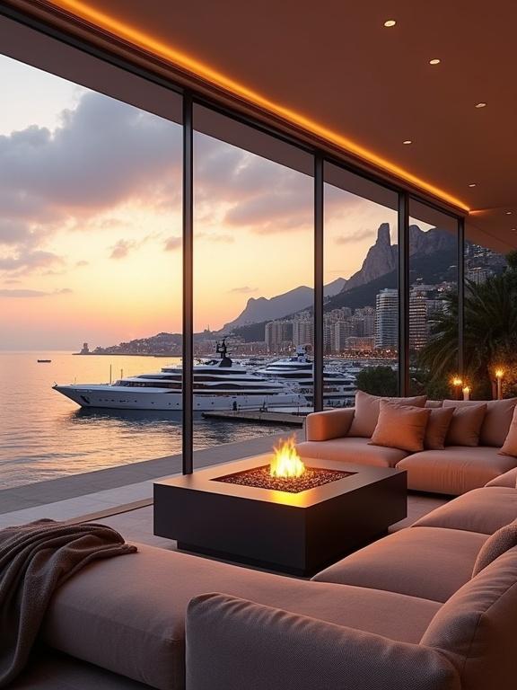 Image of a luxurious modern lounge overlooking the ocean. Features cozy sectional couches, a central firepit table, and panoramic glass walls. Sunset colors fill the sky. Reflections on calm water. High-end cityscape forms the backdrop. Elegant and inviting atmosphere.