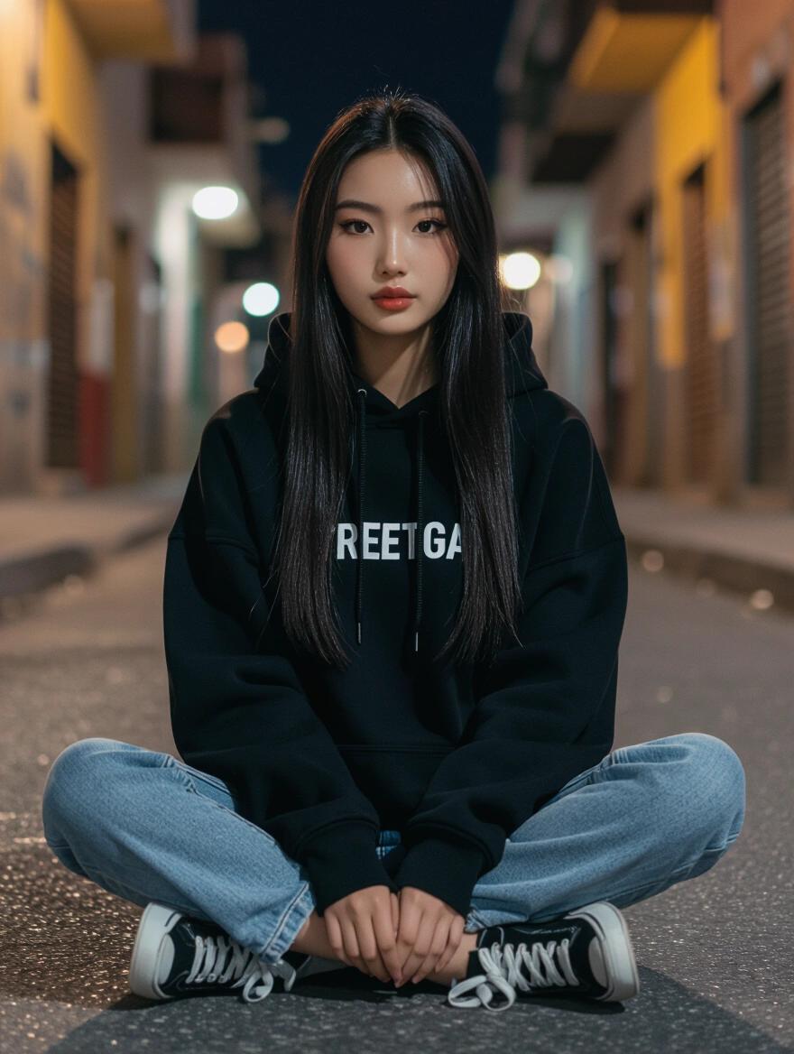 Ultra-realistic full-body fashion photo of a slim East Asian girl sitting on a concrete street at night. She displays realistic skin texture and confidence. She wears a black oversized hoodie with bold white letters, biker shorts, and chunky sneakers. Background features neon cars, graffiti, and urban elements. Wet pavement reflects lights. Cinematic atmosphere.