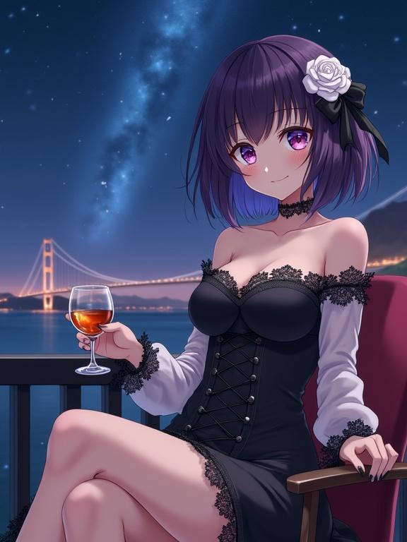 Anime-style woman in a black off-shoulder dress with lace sitting on a veranda at night holding a glass of liquor. Background shows Akashi Kaikyō Bridge and Milky Way.