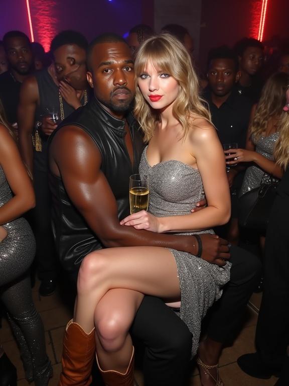 18 year old Taylor Swift and Kanye West attending an after party. Taylor wears a sparkly silver dress and cowboy boots. She holds a champagne glass and appears intoxicated. Kanye in a black leather vest is seated closely beside her, supporting her. Surrounding them are other partygoers in a lively setting.