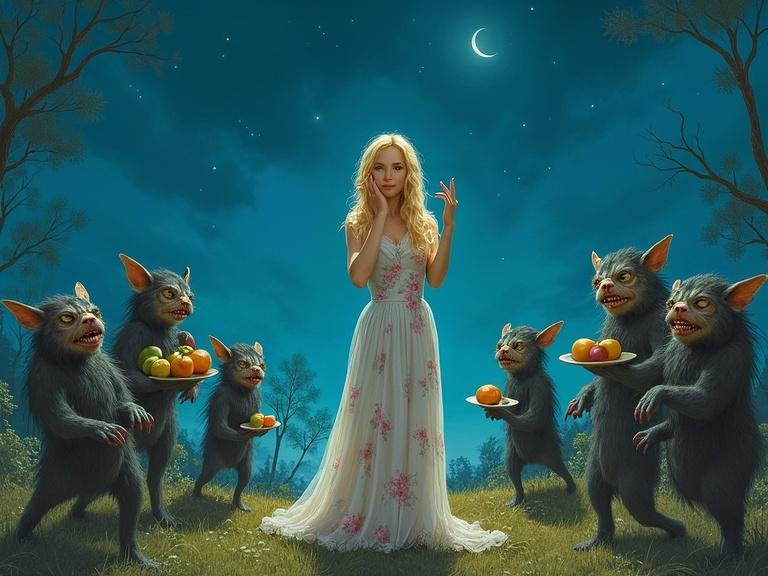 Surreal scene with a blonde woman in an ethereal gown surrounded by bizarre goblins offering strange wares. Night sky filled with stars and moonlight creates an ambiance of beauty and disquiet. Goblins encircle her, presenting fruits and orbs on plates, showcasing a dreamlike, whimsical atmosphere.