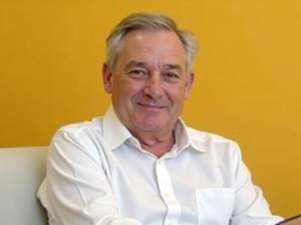 The image shows a man sitting with a casual appearance. He is wearing a white shirt that looks slightly wrinkled. The background is a warm yellow shade. There is a sense of comfort and relaxation in his posture. He appears to be slightly older, with greying hair and a friendly demeanor. The man's facial expression is not visible, as it is censored, but he seems to be enjoying the moment.