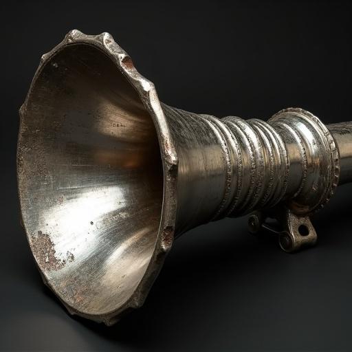 An artistic depiction of a metallic horn featuring detailed grooves. The horn has a shiny silver finish with visible wear, accentuating its vintage character. The angle emphasizes both the bell and body of the horn. Soft light enhances the craftsmanship while keeping the background dark for contrast.