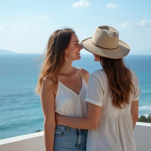 Two women stand on a balcony overlooking the ocean. One is a young woman in casual dress. The other is a taller, professionally dressed woman. Both appear happy and loving.