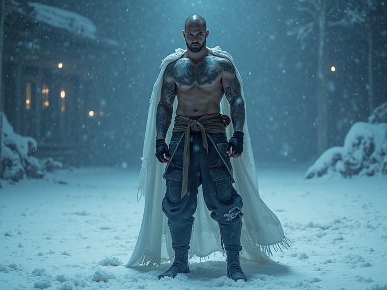 A powerful martial artist with tattoos stands in a snowy landscape. The scene is dramatic and cinematic with strong contrasts. The background shows falling snow with a dark ambiance. The character displays an action pose and wears a unique outfit that enhances the icy setting.