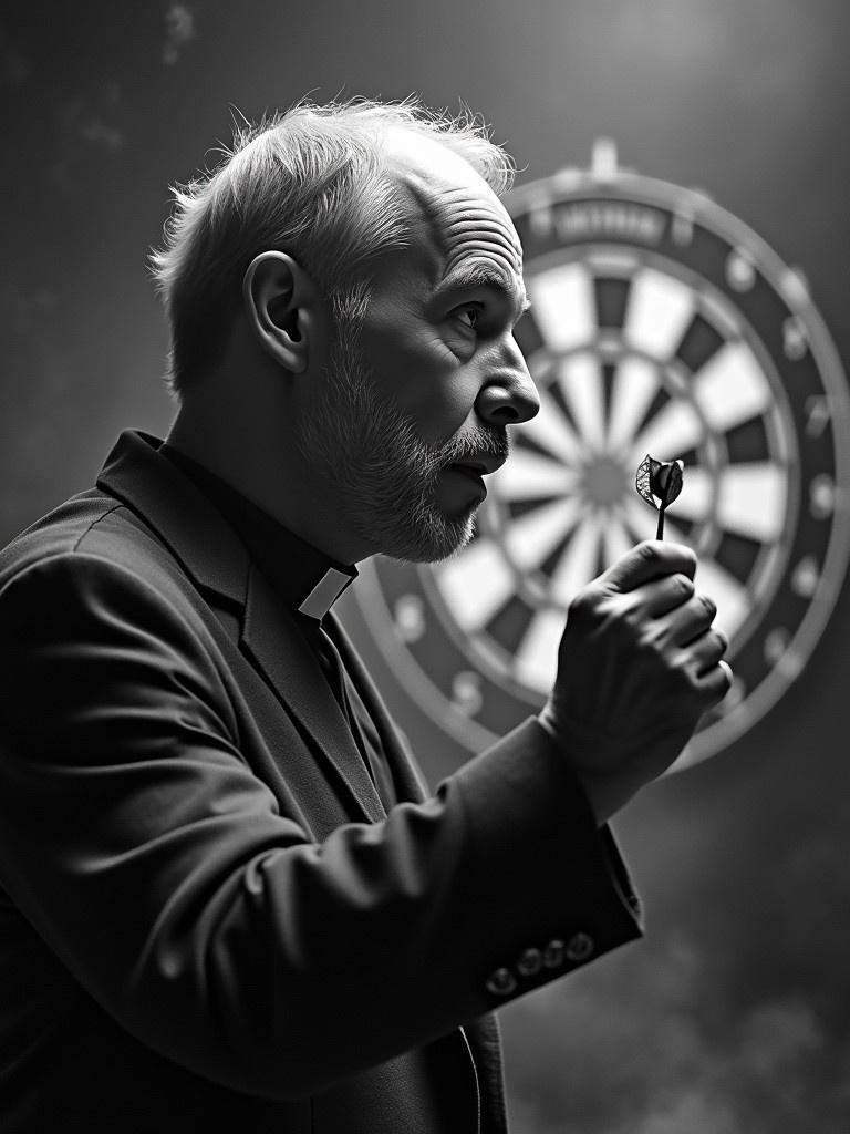 Medium shot capturing a male priest playing darts. Displays extreme concentration when throwing the dart. A motion blur captures the rapid dart movement. The dartboard is subtly illuminated in the background. Ethereal wisps of ambient smoke create a dynamic atmosphere.