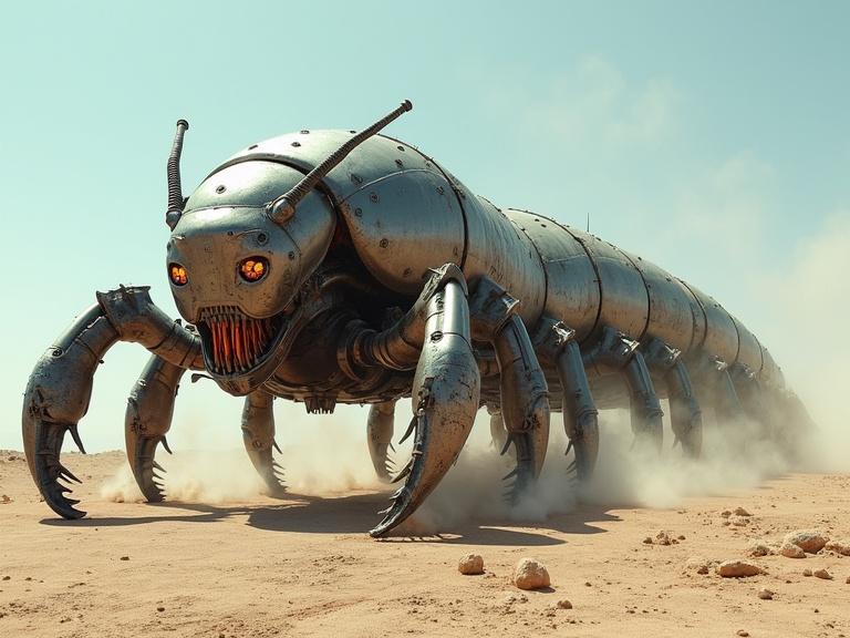 Cinematic live action image of a huge 50 ft long centipede robot bug in a sunny desert. The robot has a silver metallic exoskeleton, glowing orange red LED lights, and sharp saw teeth. There are small steaming exhaust holes and antennas with metal coil wires. The scene is detailed with dust and dirt, under a blue sky, casting shadows.