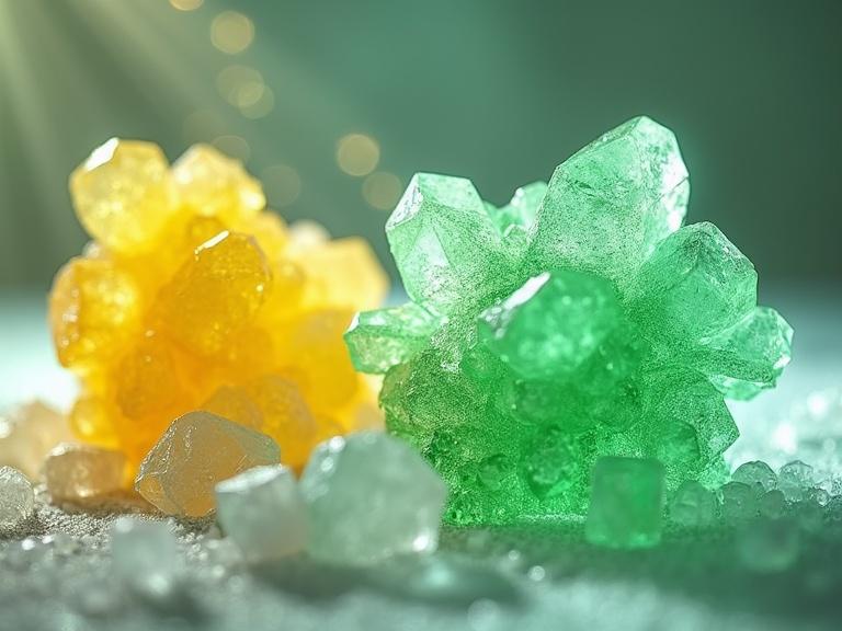 Cold crystallization of organic compounds. Amorphous yellow phase. Growing green crystals. Close-up view. Shimmering textures. Bright colors. Scientific elegance.