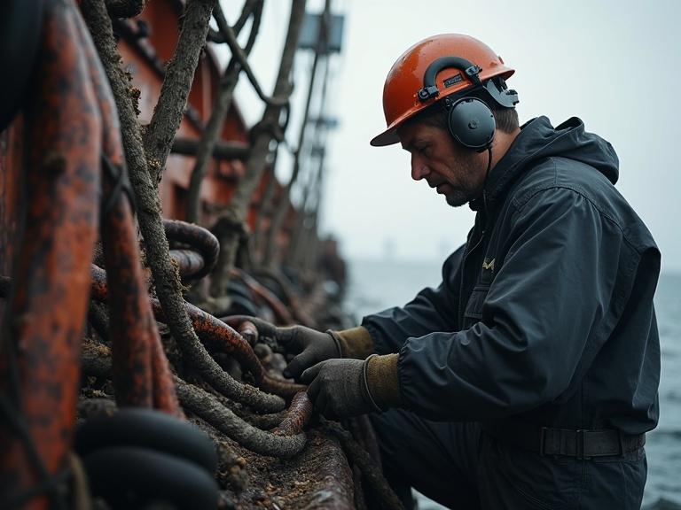 Photograph of a man wearing an orange hard hat and headphones working with ropes on a ship.