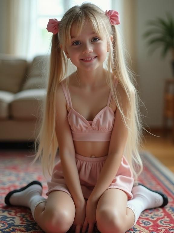 A girl with long blonde hair and pink bows kneels on a colorful rug in a softly lit room. She wears a pink crop top and skirt with thigh-high socks. The atmosphere is warm and inviting.