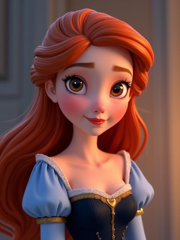 3D animation of a long red-haired young woman with hazel eyes wearing a blue and black corseted gown