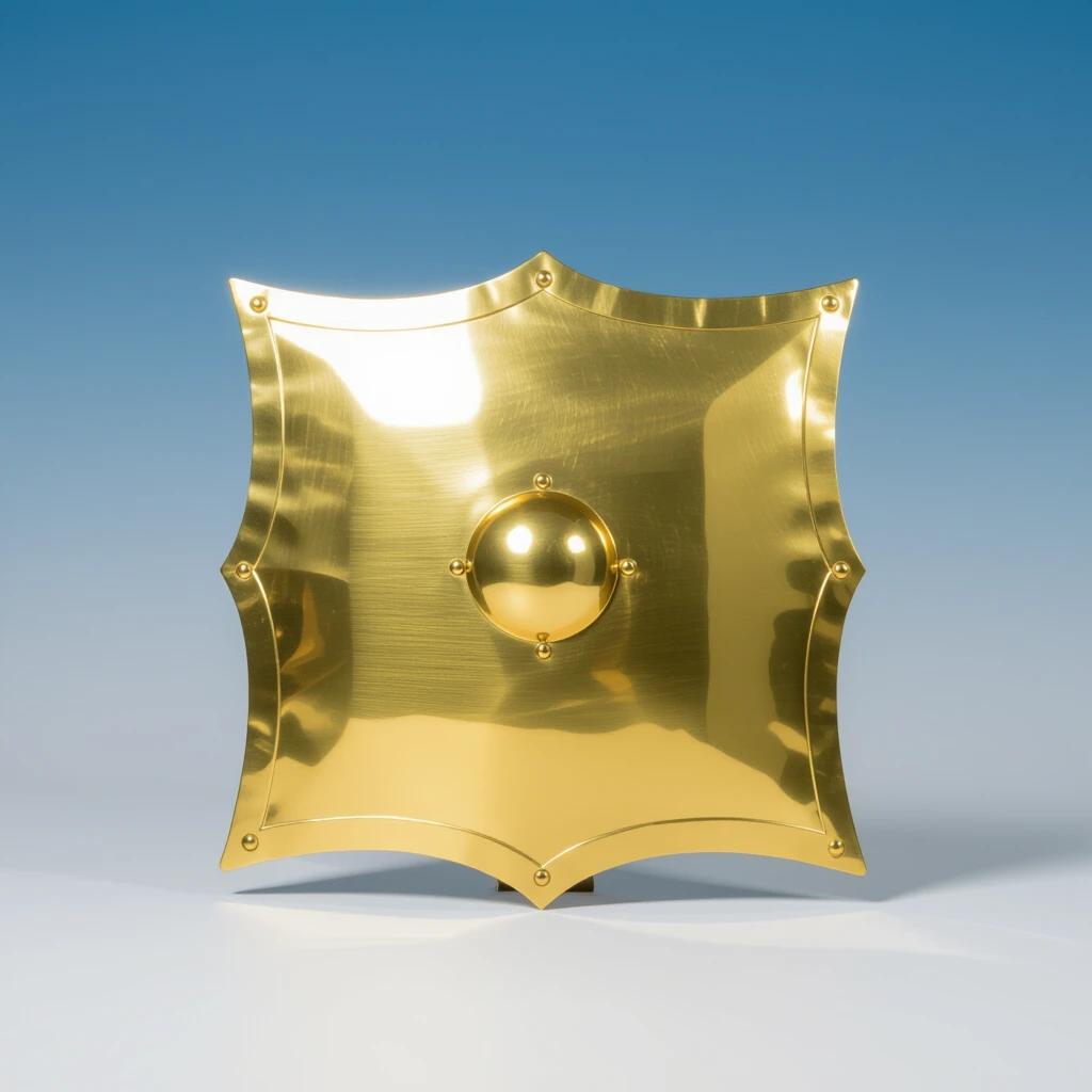 A shiny gold armor shield on a neutral background with a smooth surface and rounded design.