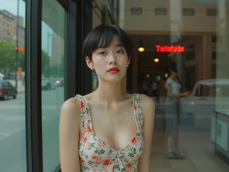 Wide angle shot of a woman inside a bright urban setting. She wears a floral crop top and has an elegant appearance. The background shows a red-light district with a large glass window. The atmosphere is calm with soft daylight. Reflections on the glass add depth.