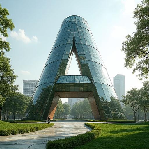 IA in Architecture Building designed in the shape of the letter A Structure has large glass surfaces and greenery around