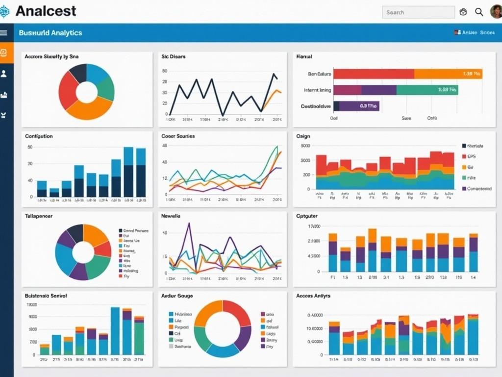 The image depicts a colorful and interactive business analytics dashboard designed for financial analysis. It features various charts and graphs that display key performance indicators and trends. Each section provides insights into different aspects of the business, such as revenue, expenses, and market performance. The layout is clean and user-friendly, making it easy to interpret data at a glance. This dashboard is ideal for professionals seeking to make data-driven decisions.