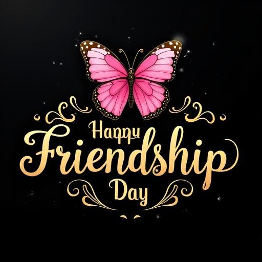 Stylish greeting message for Friendship Day in elegant golden text. Glossy black background. Vivid pink butterfly with gold detailing perched above text. Ornate golden flourishes. Subtle sparkles and light reflections for a classy atmosphere.