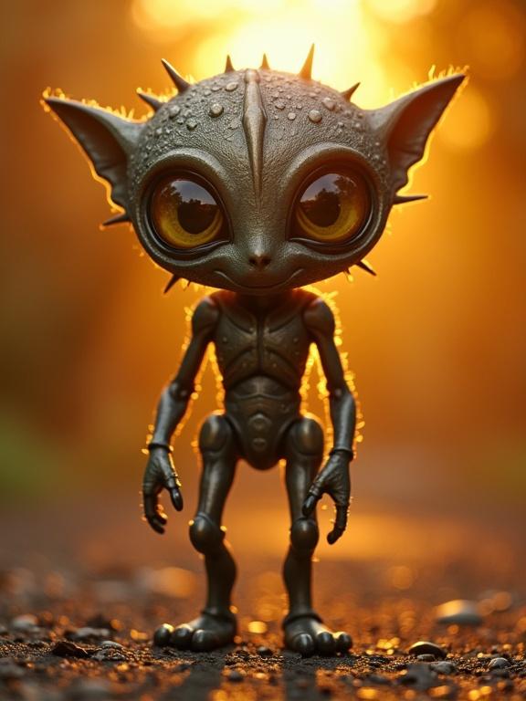 Humanoid figure with metallic skin and yellow eyes. Long shadows from warm lighting in the background. Character has spikes and a human nose. Creature depicted as a swift, agile individual with a powerful presence.