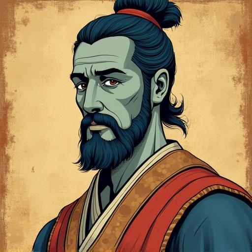 Vintage artwork with flat colors. Background resembles ancient manuscripts. A man standing wearing large traditional clothes. Old hairstyle. Outlined eyes of the illustration. No contemporary elements. Vintage style using gradient colors. Man's skin is fully blue.