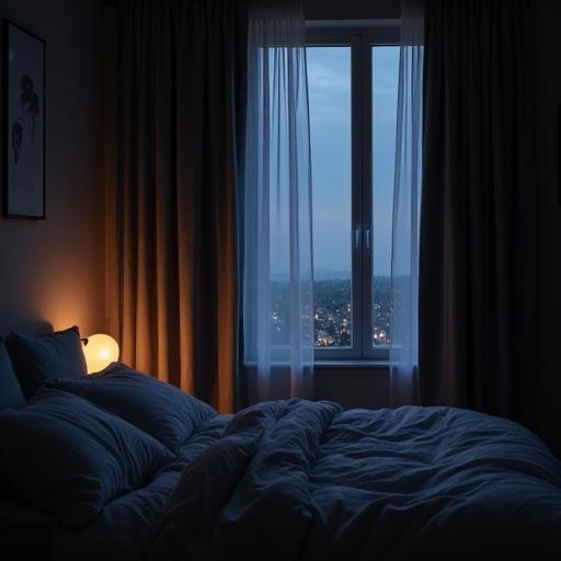 Cozy modern bedroom at night with thick blackout curtains covering windows total darkness soft bed gentle lighting peaceful atmosphere.