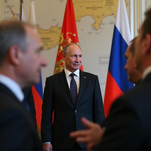 Russian President Vladimir Putin stands in the grand Kremlin Senate Hall. Formal dark suit visible. Engaged in serious conversation with senior military and diplomatic team. Discussing and rejecting Ukraine's ceasefire proposal. Large Russian flags and conflict zone maps are in view.
