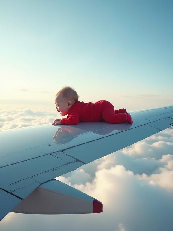Wide shot of airplane wing with crawling baby. Baby in red onesie. Baby is crying. Above fluffy clouds, strong sense of speed.