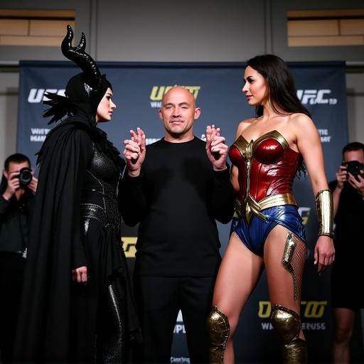 An intense confrontation between two iconic pop culture figures. Maleficent dressed in black gown with wings stands on the left. Wonder Woman in red and blue armor stands on the right. A man in the center holds hands with both. Scene set at a UFC event called Battle of the Multiverse. Dark backdrop with UFC 201 logo. Dim lighting and vibrant accents highlight event energy. Background features silhouettes of onlookers and photographers. The poses reflect pre-fight tension typical in UFC ceremonies. Represents fusion of sports, cinema, and mass culture.