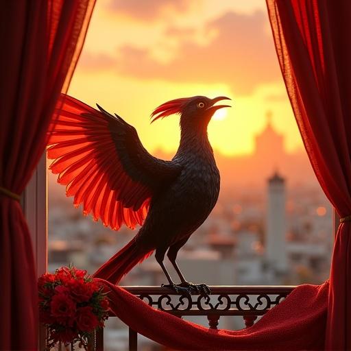 A nightingale dressed as a Spanish matador stands on a colorful balcony overlooking Madrid at sunset. Wings are spread wide and it sings proudly. Red flowers and a flamenco scarf are on the railing. Warm golden light creates a romantic atmosphere. Soft wind moves the curtains in a surreal scene.