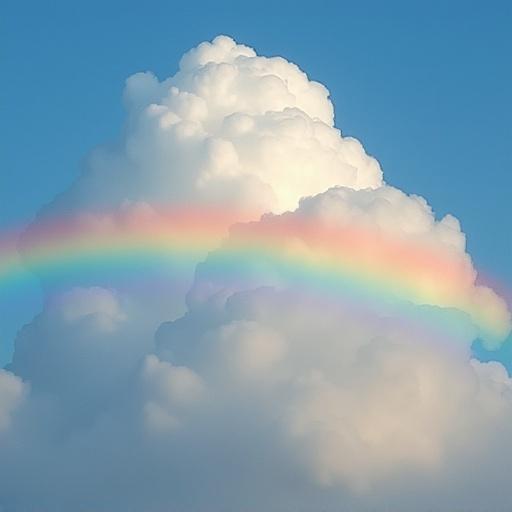 Puffy cloud mid-sneeze blasting rainbow across sky