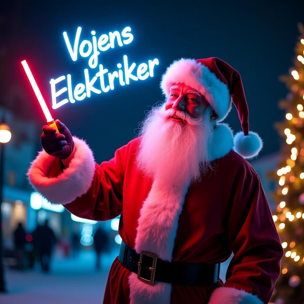 Santa Claus holding a glowing stick in a nighttime outdoor setting. The character is writing Vojens Elektriker with the glow stick. Background illuminated with Christmas lights.