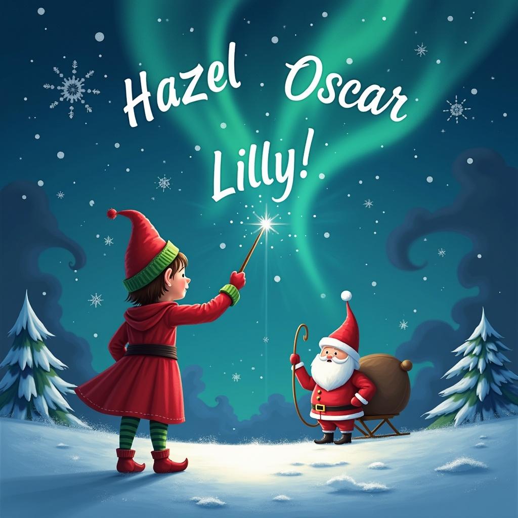 Elf faces magical sky. Elf using wand to write names in the air. Background includes northern lights and Santa. Names are 'Hazel', 'Oscar', 'Lilly'.