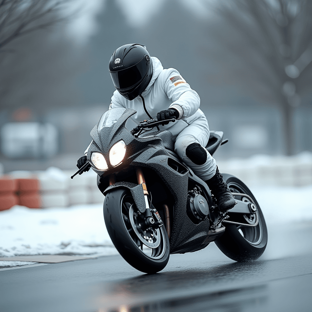 A person in white winter gear rides a motorcycle on a snowy track.