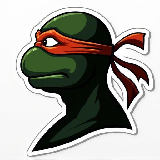 Sticker design of Donatello from the Teenage Mutant Ninja Turtles in a side profile silhouette. The character has a green head and red bandana. Display of the character's distinct features in a simplistic style.