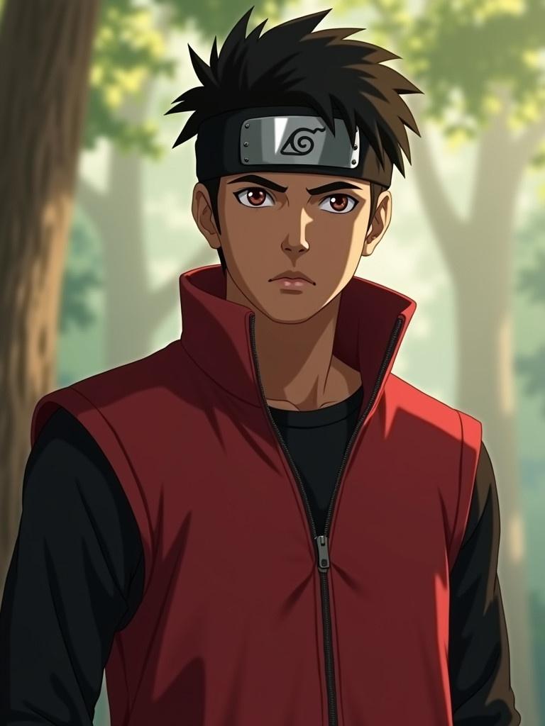 Character inspired by anime Naruto wears a red vest and black shirt. Image shows a soft background with trees. Natural light illuminates the scene.