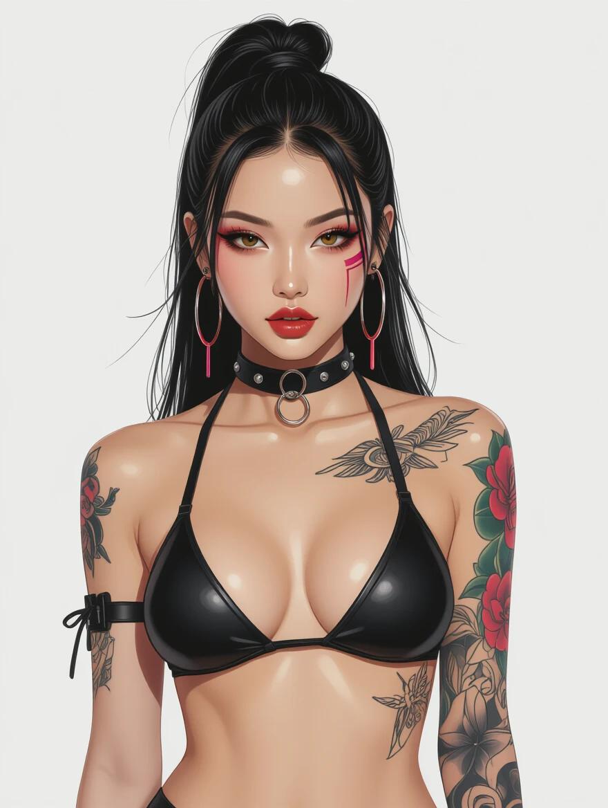 Illustration of a cyberpunk Asian model wearing a black bikini and choker jewelry. Tattoos decorate the skin. The makeup is bright and bold, creating a striking appearance.