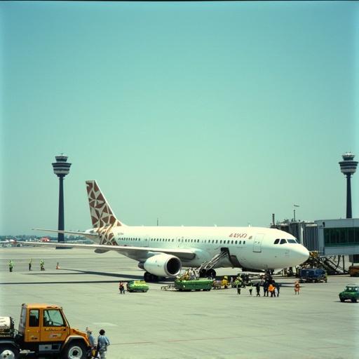 Photograph captures busy airport tarmac. Large commercial airplane with white fuselage and geometric patterned tail in brown, beige, and white parked near terminal. Open boarding door. Ground crew in high-visibility clothing handling luggage and cargo. Background shows tall black control towers with white radar domes against clear blue sky. White terminal building with large windows. Various airport vehicles, including yellow tow tractor and green baggage cart, are scattered around. Image has slightly desaturated vintage color palette.