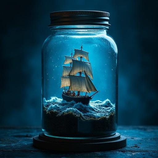 Ship at sea contained inside a glass jar. Super realistic hyper detailed image. Dramatic lighting with blue and black tones. Medium visual stylization.