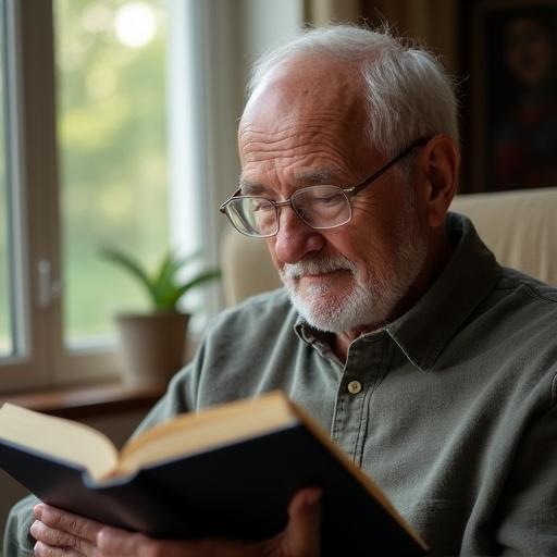 Portrait photo of an elderly man reading a book in soft morning window light. Captured with a Sony Alpha 7R IV camera and a 85mm f/1.4 GM lens. Set aperture to f/1.8 for a shallow depth of field. Blurred background that draws attention to the subject’s expression. Composition follows the rule of thirds, subject placed slightly off-center. Adjust shutter speed to 1/160 for sharpness. Set white balance to neutral. Gentle shadows and rim lighting add depth and highlight the contours of the face and hands.