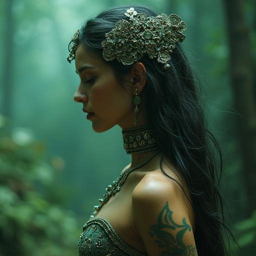 A mystical mermaid adorned with intricate jewelry and long hair, representing ethereal beauty. The setting features green tones and soft lighting. The shot captures her head to toe in profile view.