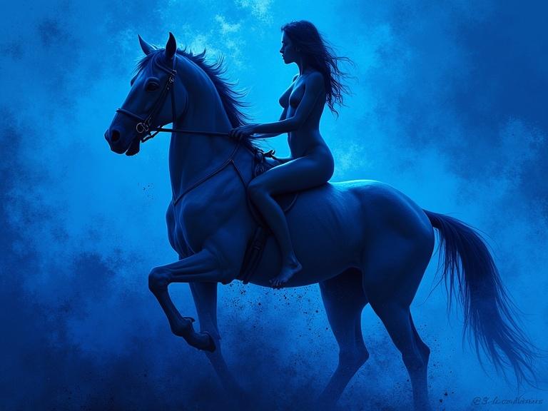 Surreal impressionist art featuring a naked couple riding a horse in vibrant blue textures. The scene showcases expressionist brushstrokes. A glowing blue light highlights sharp details amidst deep shadows. The style is reminiscent of Yves Klein with a maximalist approach. The artwork represents a dreamlike and ethereal mood.