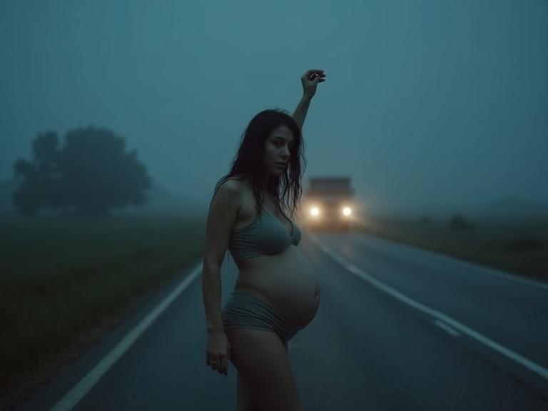 Pregnant woman alone on foggy rural road at night. One arm raised to hitchhike. Wearing tight wet clothes highlighting her belly. Calm yet desperate expression. Long wet hair obscuring her eyes. Empty road with truck headlights in the distance. Emotional and mysterious lighting.