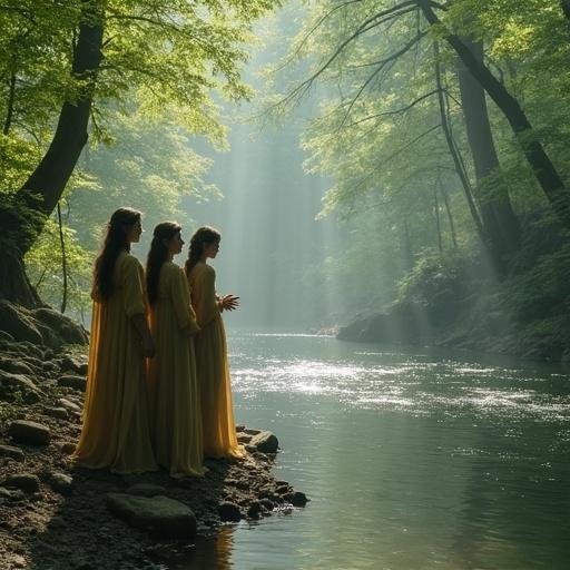Three female elves stand by a river in a forest. They wear long yellow dresses. Soft light filters through the trees creating a tranquil atmosphere.