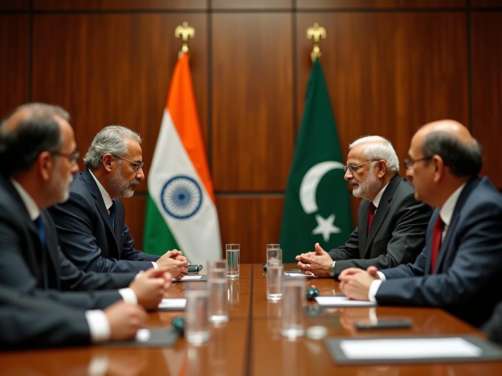 The image depicts a tense meeting between representatives from India and Pakistan. Four men are seated at a table, with two facing each other directly. The Indian and Pakistani flags are prominently displayed behind them. The atmosphere suggests importance and gravity, likely involving discussions on critical political topics. Each participant is dressed in formal attire, indicating an official meeting. Water glasses are placed on the table, emphasizing a serious business environment.