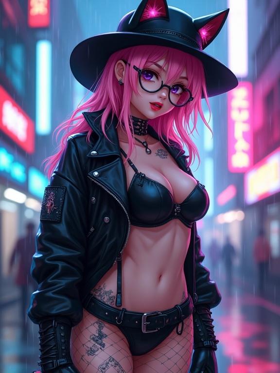 Character features pink hair with red tips. Wears a winter hat with cat ears. Leather jacket off one shoulder. Gothic boots with fishnet stockings. Includes cybernetic tattoos. Glaive on back with blue and purple glows. Set in a rainy futuristic city. Full body view showing details of attire. Flirty expression with tongue out, realistically styled. Mid 30's character appearance.